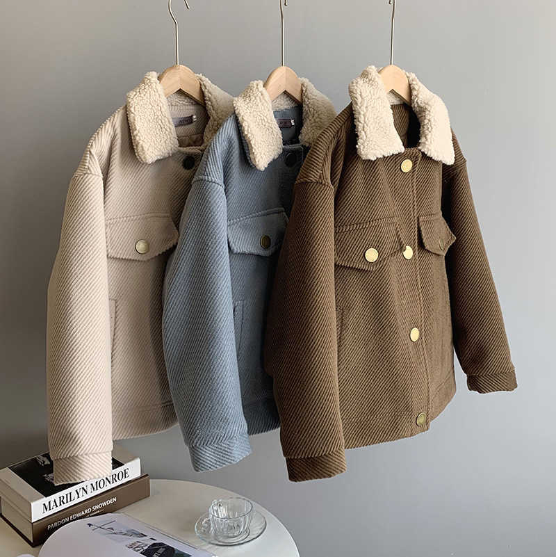 

Autumn / Winter Jacket Solid Color Women's Short Woolen Coat Long Sleeve Loose Warm Outerwear Female 210607, Deep khaki