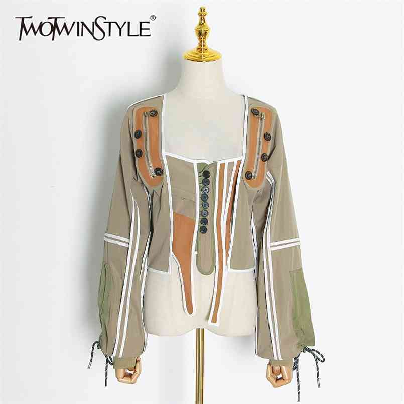 

Hit Color High Street Jacket For Women Square Collar Long Sleeve Casual Short Jackets Female Fashion Clothing 210524, Green