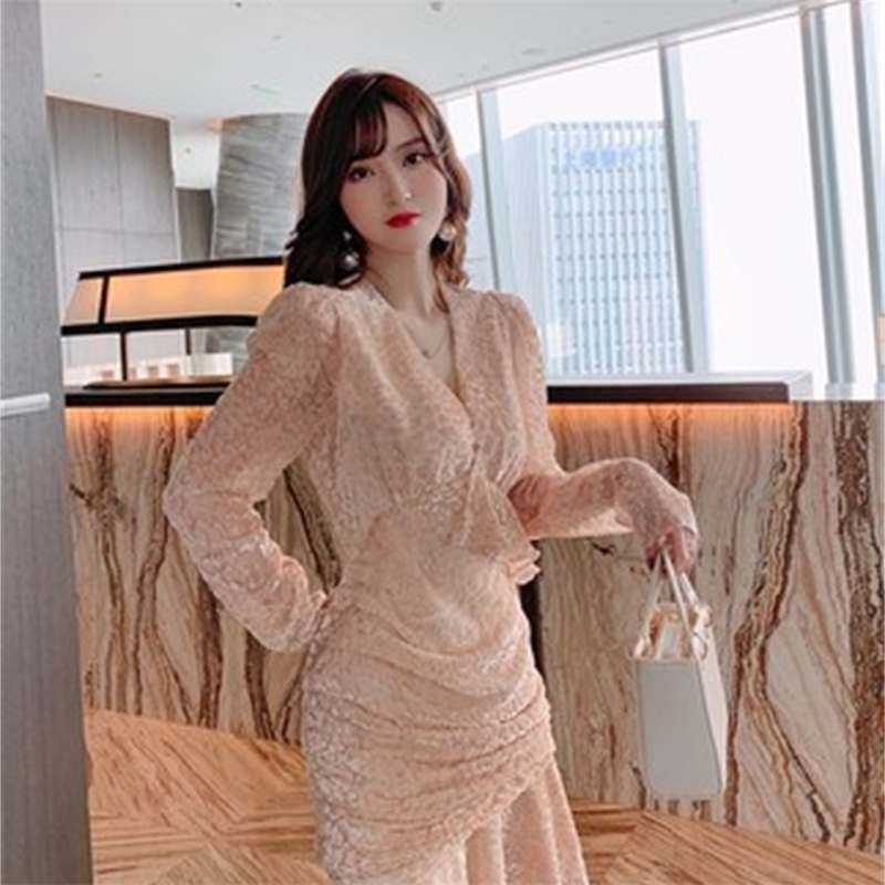 

Long-sleeved dress design niche French pink Party lace Dresses for women clothing 210602, Blue
