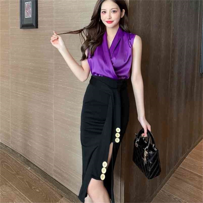 

Summer 2 Pieces Set Women Sleeveless Satin Sexy V-Neck Shirts Top + High Waist Lace Up Split Skirts Office OL Lady Suit 210519, Photo color