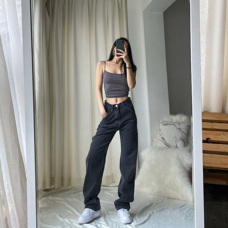 

women's jeans jeans high-legged broad leg, blue streetwear vintage fashion harajuku slacks straight t73j