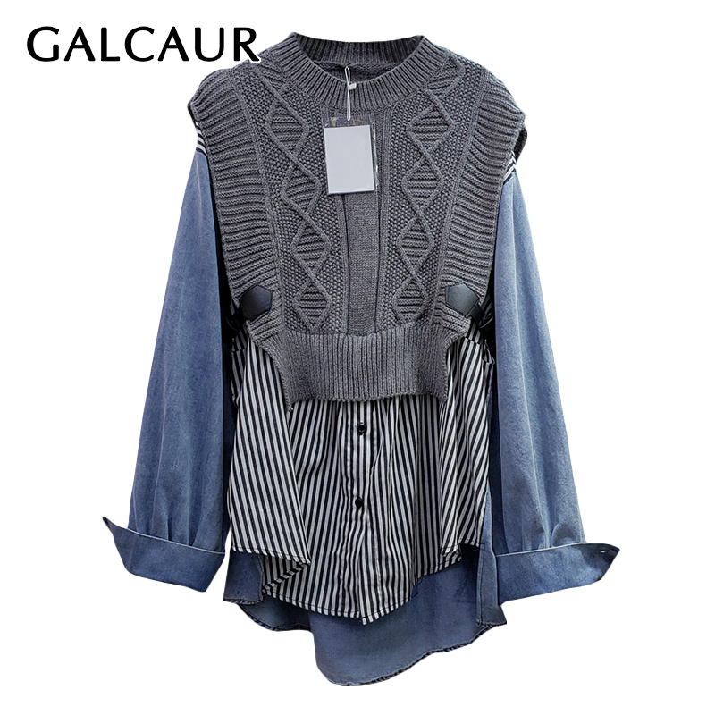 

GALCAUR Patchwork Striped Shirt For Women O Neck Long Sleeve Hit Color Oversized Loose High Street Blouses Female 2021 Clothing, Black