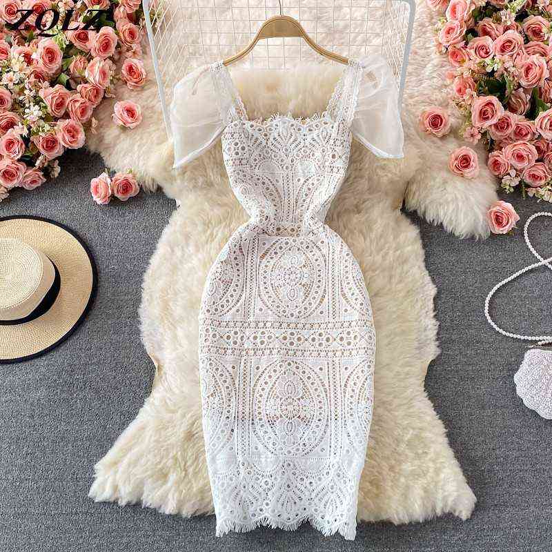 

ZQLZ Summer Lace Dress Women 2022 Hollow Out Solid Square Neck Puff Sleeve Ladies Vesridos Party Slim Casual Dresses Female G0214, White