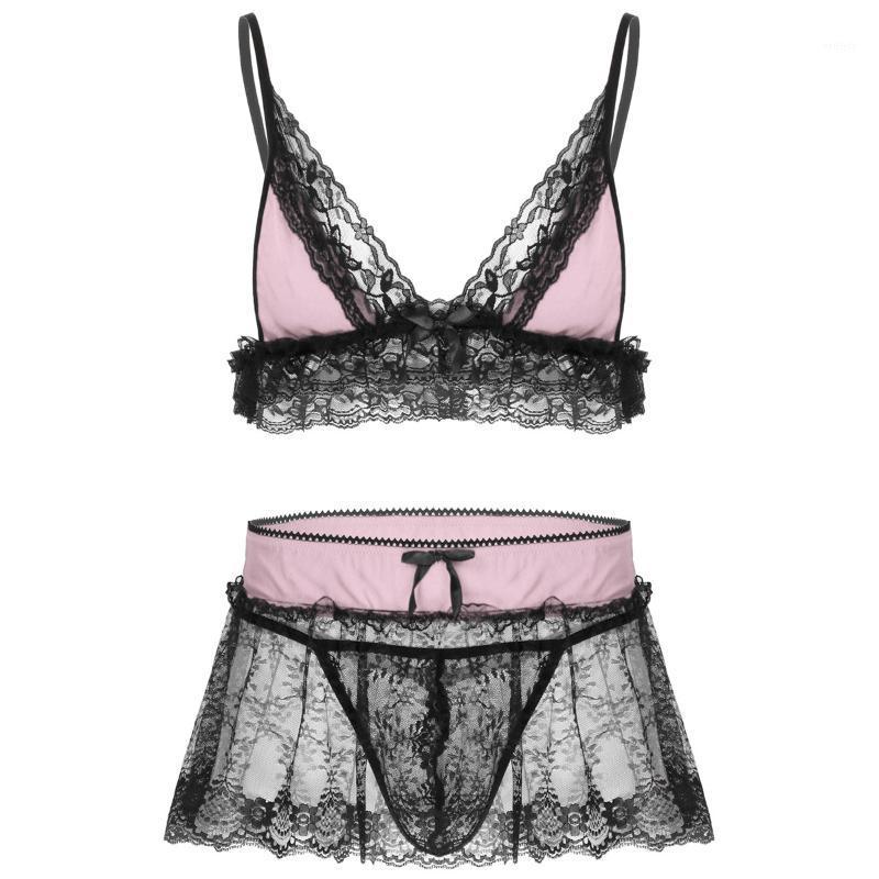

Men Crossdresser Sissy Sexy Lingerie Set Erotic Gay Underwear Costume Floral Lace Bra With Mini Skirt And G-string Panties Bras Sets, Black