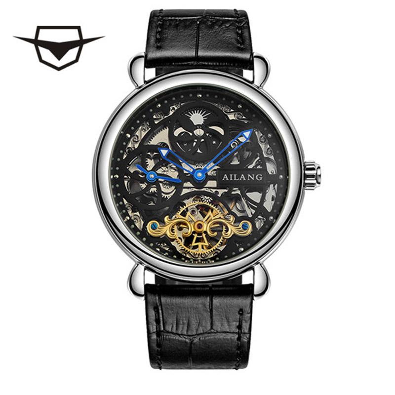 

Wristwatches AILANG Fashion Business Men Watch Steampunk Hollow Luminous Black Leather Strap Waterproof Automatic Mechanical For, Brown