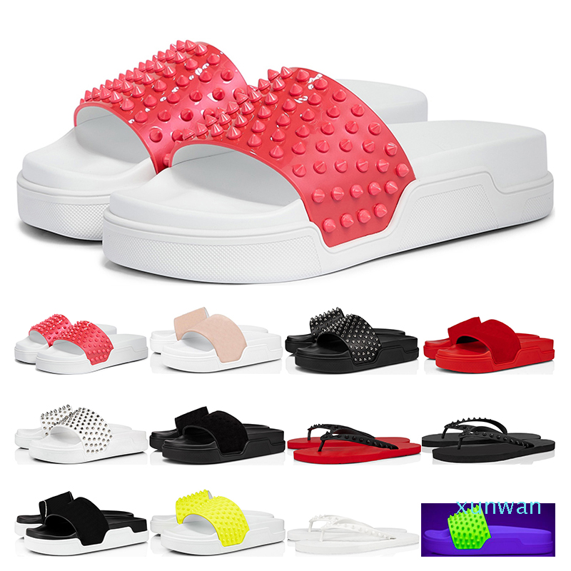 

fashion Luxurys designer red bottoms Slippers Pool Fun mens Flat Flip Donna Studded Spikes black white pink suede sport outdoor size 36-46