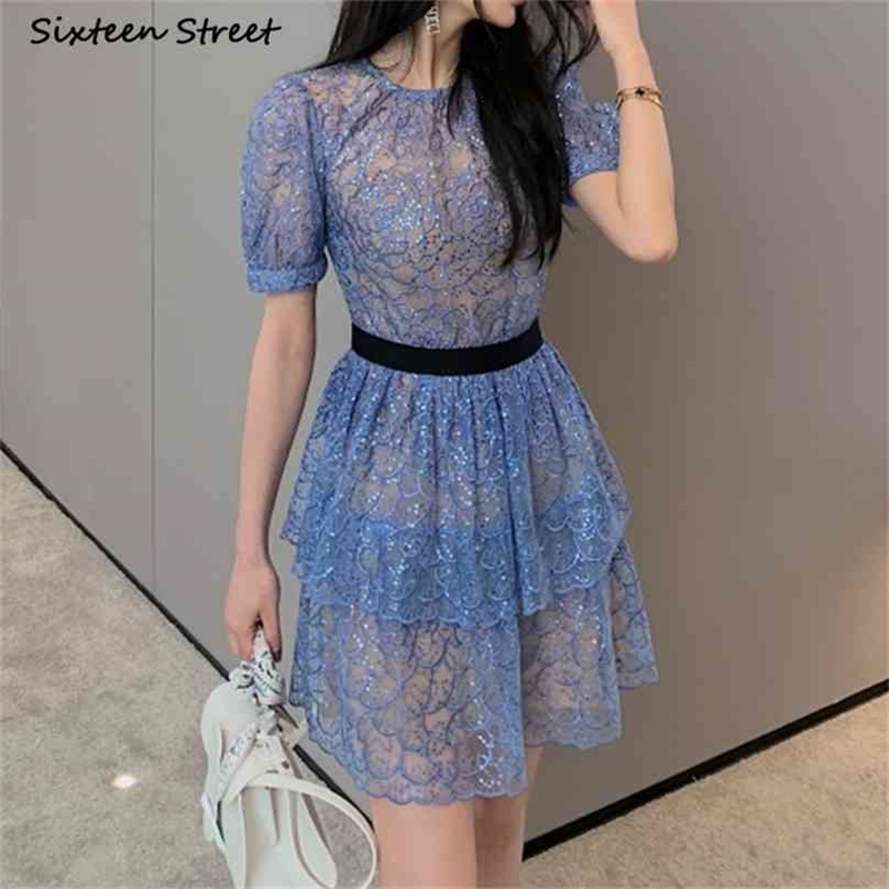 

Blue Lace Dresses for Woman Summer Elegant Sequin Embroidery High Waisted Bodycon O-neck Vintage Mini Female 210603, Brown