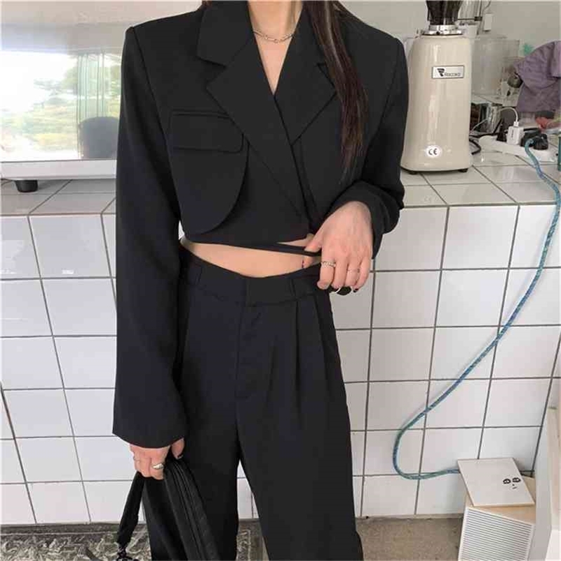 

Arrived Spring Pants Suit Office Lady Sexy Lace UP Short Blazer + OL Pant 2 Piece Set Female Elegant Casual Outfits 210519, Black
