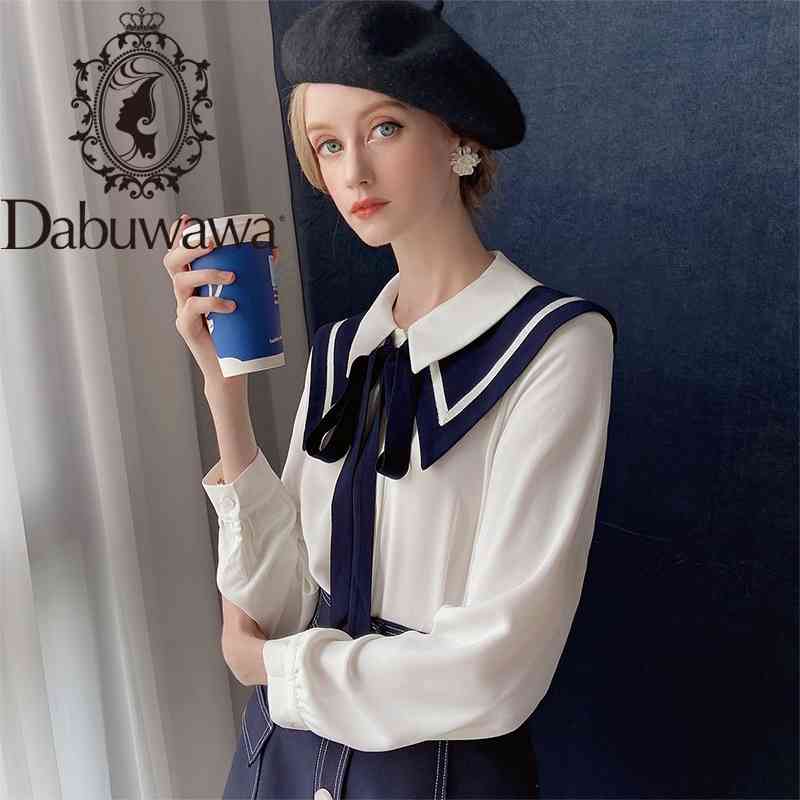 

Dabuwawa Preppy Style Sailor Collar Blouse Women Autumn Spring Long Sleeve Patchwork Bow Shirts Tops Female Girlish DT1CST036 210520, White