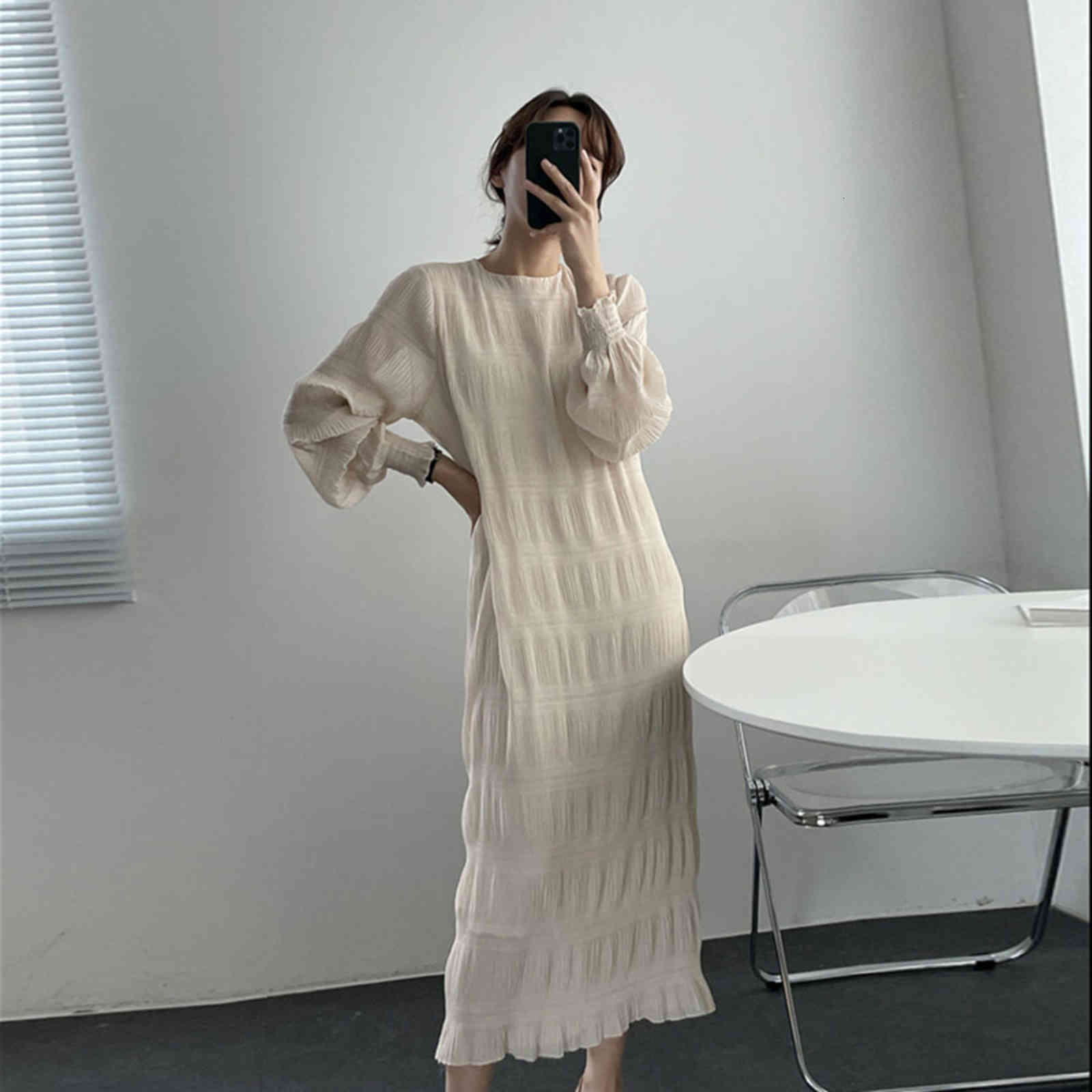 

Casual Dresses Coreano chique estilo francês elegante temperamento primavera e outono vestido de manga longa solto meados comprimento chiffon VYU6, 1# shoe box