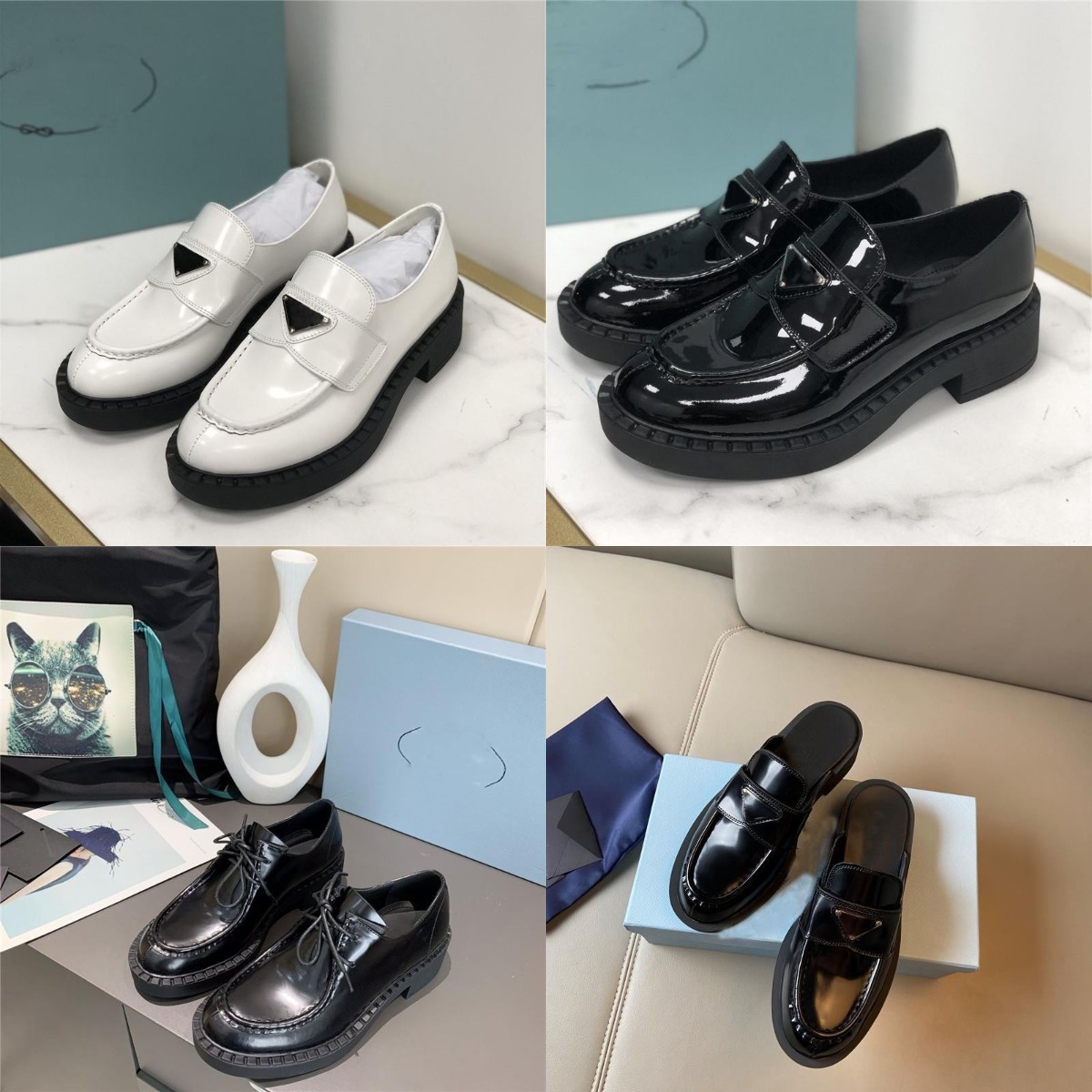 

Designer Women Monolith Casual Shoes Triangle P Loafers Black Cloudbust Genuine Leather Shoe Increase Platform Sneakers Classic Patent Matte Trainers With Box, 15