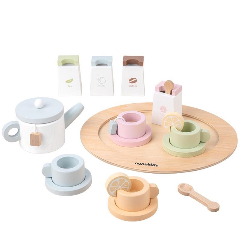 

Simulation Tea Set Teapot Children's Play House Kitchen Set Afternoon Tea Dessert Ice Cream Cake Wooden Early Education Toys 210901