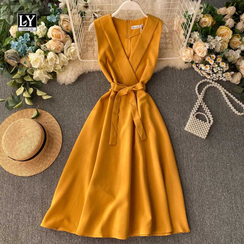 

LY VAREY LIN Summer Vintage V neck Sleeveless Tie Up Dress Solid Slim High Waist Knee-Length Women 210526, Yellow