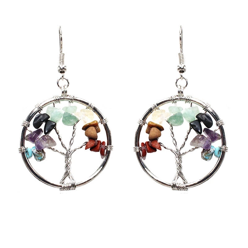 

Tree of Life Earrings Natural Hypoallergenic Drop Dangle Colorful Wrapped Stone Handcrafted Gemstones Jewelry for Women