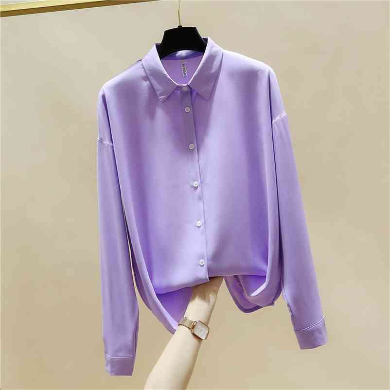 

Hit Spring Shirts For Women Turn Down Collar Long Sleeves Solid Color Loose Chiffon Shirt Tops Office Lady Blouses 210519, Yellow