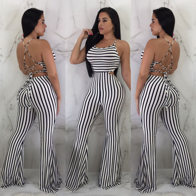 

New Women Clubwear Pants Summer Playsuit Bodycon Party Jumpsuit Sexy Striped Romper Trousers, Black