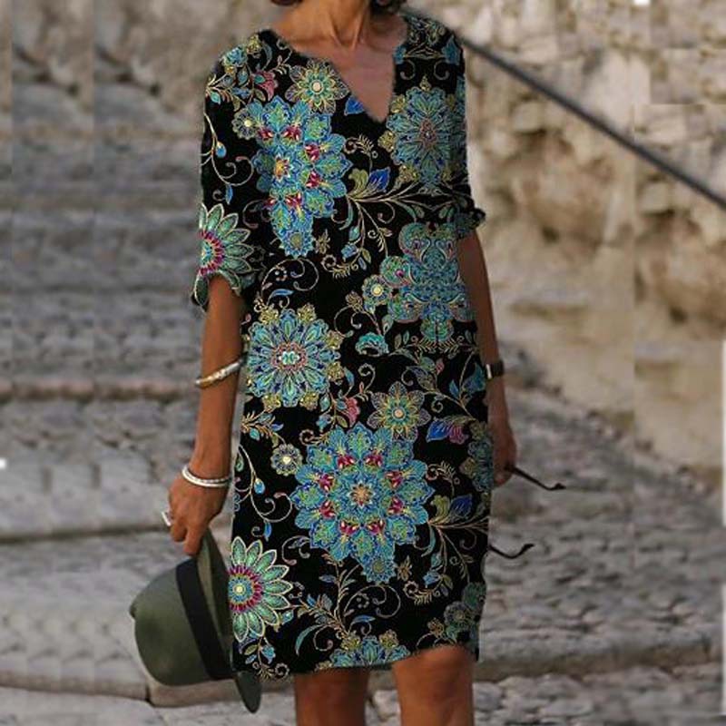 

20212021 spring women loose vintage ruffles bedress large big printed line summer boho casual party elegant dresses plus sizes, Black;gray