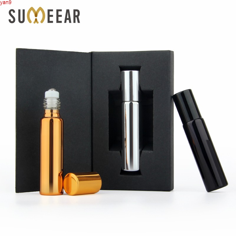

50 pcs/lot 10ml Packing box Essential Oil Bottle Stainless Steel Roller Ball Perfume Glass Travel Cosmetichigh qty