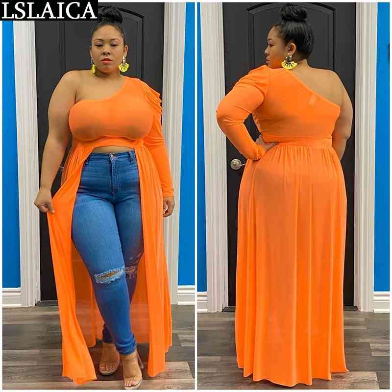 

Loose party dress long sleeve high waist solid color summer women A-line hem split plus size sexy 210520, Orange