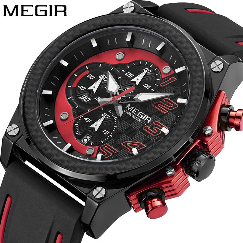 

Wristwatches Megir Men's Chronograph Quartz Watches For Male Waterproof Luminous Wristwatch With Rubber Strap Boys Man 2051G-1N8, Red