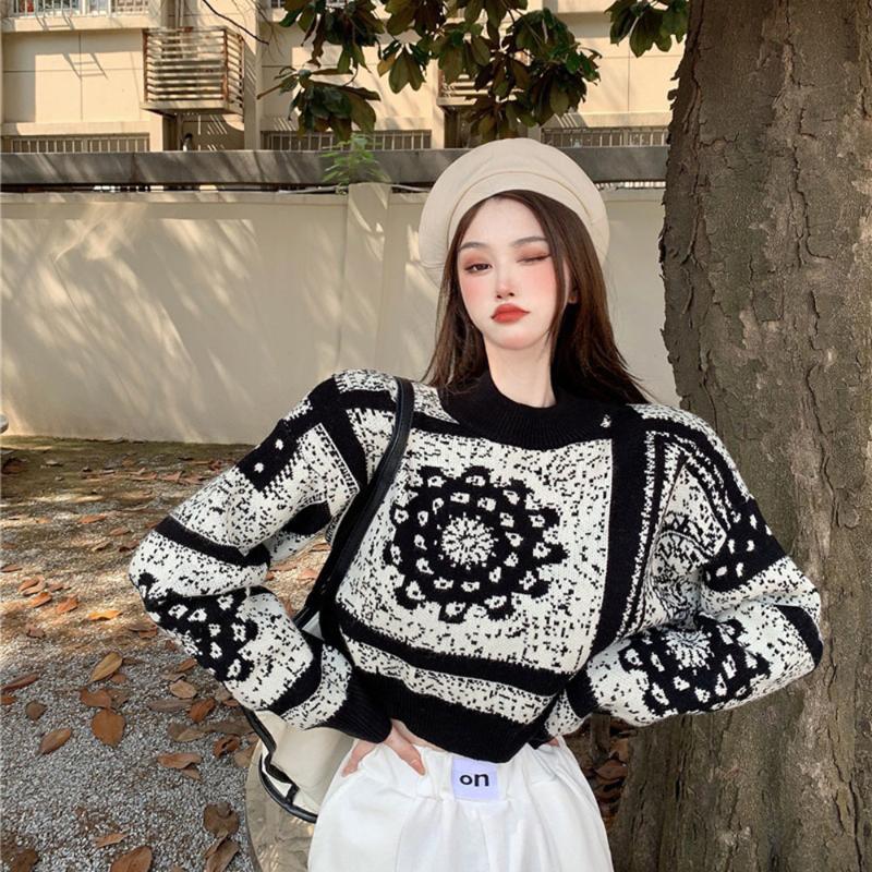 

Women's Sweaters Autumn Winter High Waist Knitted Sweater Korean Version Fashion Jacquard O-neck Pullover Japanese Retro Tops, Photo color