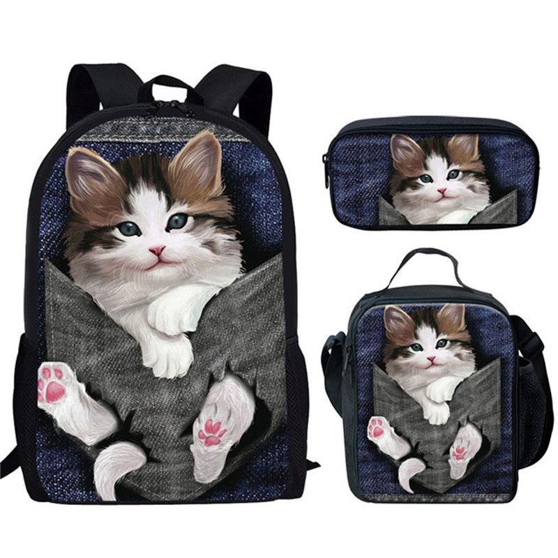 

School Bags Kids Student Shoulder Bag Girls 3pcs Cute Cat Pattern Orthopedic Satchel Backpack Pencil Book Teenagers Rucksack
