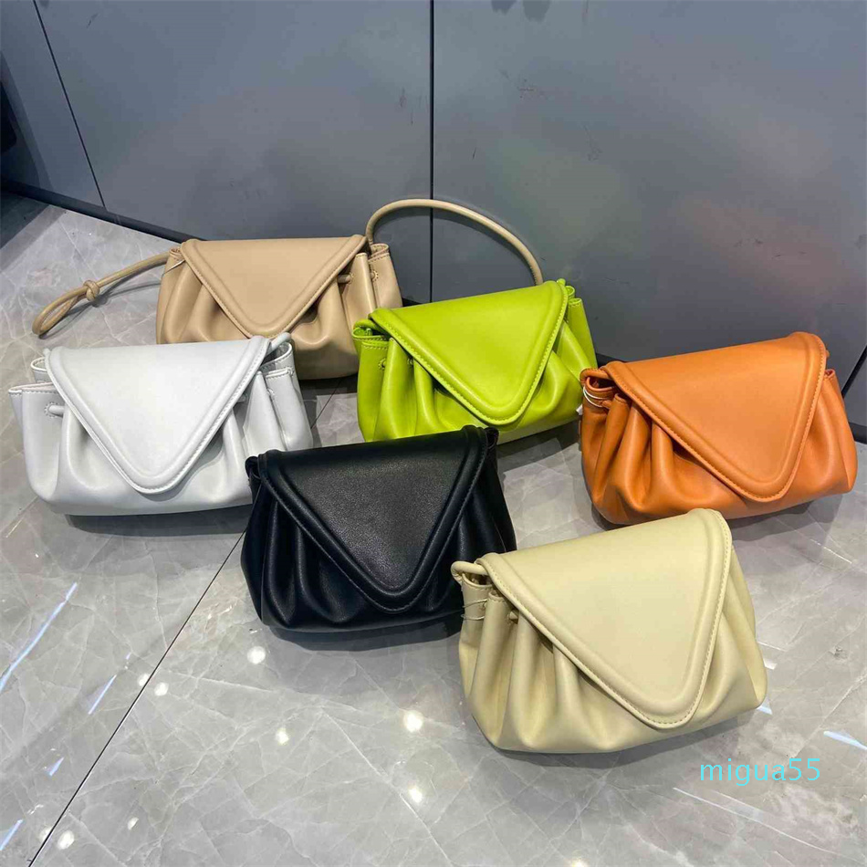 

spring summer women's leather drawstring triangle dumpling bag fold One Shoulder Messenger Bag, Black