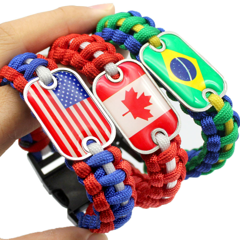 

Popular Design Colorful Paracord World Cup Country Charm Cuff Bracelet for Wholesale