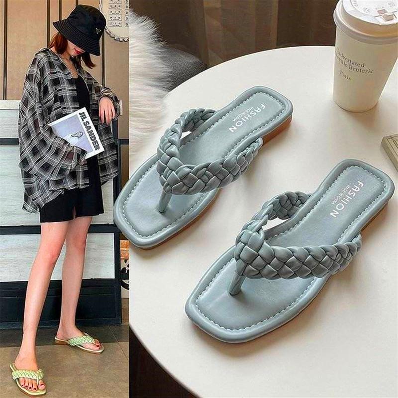 

Slippers 2021 Women's Summer Fashion Slides Outside Flip Flops Temperament Braided Design Charm Vacation Beach Flat Shoes, Light blue