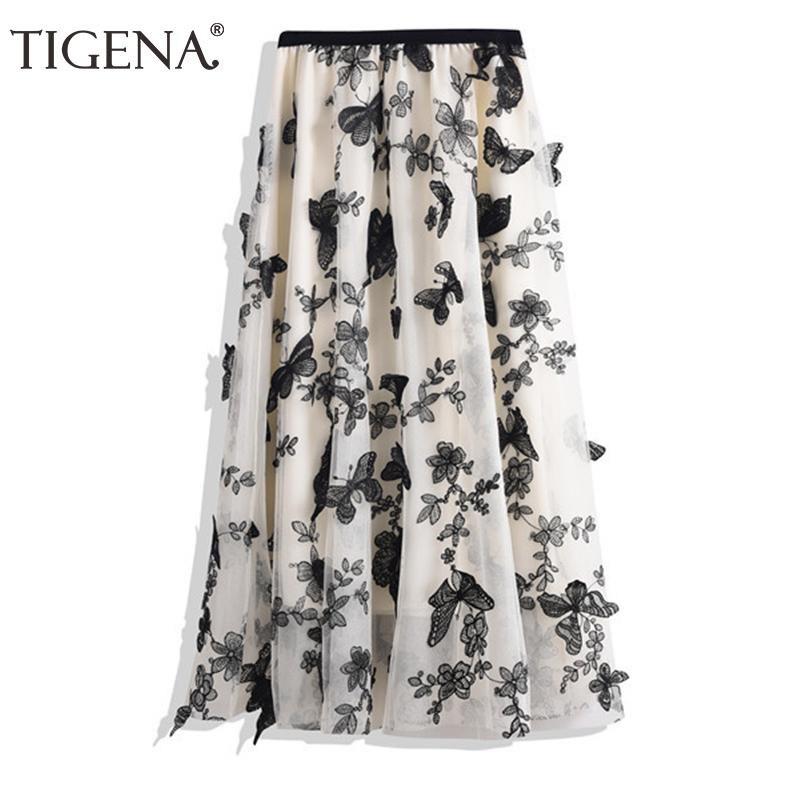 

Skirts TIGENA Beautiful Butterfly Embroidery Long Skirt Women Fashion 2021 White Eleagnt A Line High Waist Tulle Female Ladies, Black