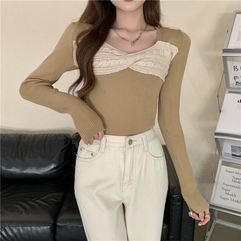 

Women's Sweaters Autumn Winter Long Sleeve Knitting Sweater Women Fashion Patchwork Color V-Neck Pullovers Slim Jumpers YOU1521, Black