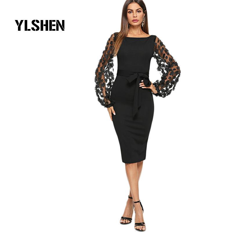 

Casual Dresses Black Bodycon Summer Dress Women Party Elegant Flower Applique Contrast Mesh Sleeve Form Fitting Belted Robe Femme 2021