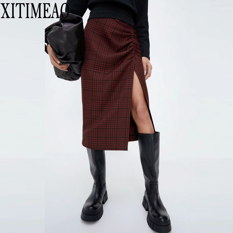 

ZA New Autumn Winter Vintage Plaid Skirt Women High Waist Package Hip Pencilskirt Fold Effect Front Split Skirts, Red