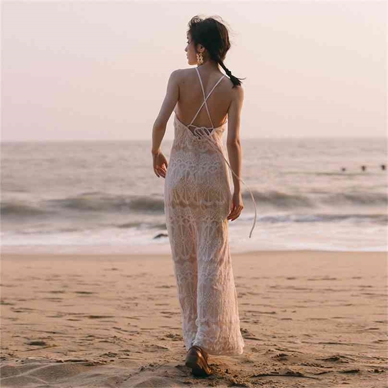 

Elegant Sleeveless Backless Sexy Women Dress Lace Maxi Long Halter Lady Beige Bohemian Beach es Summer 210603, Blue