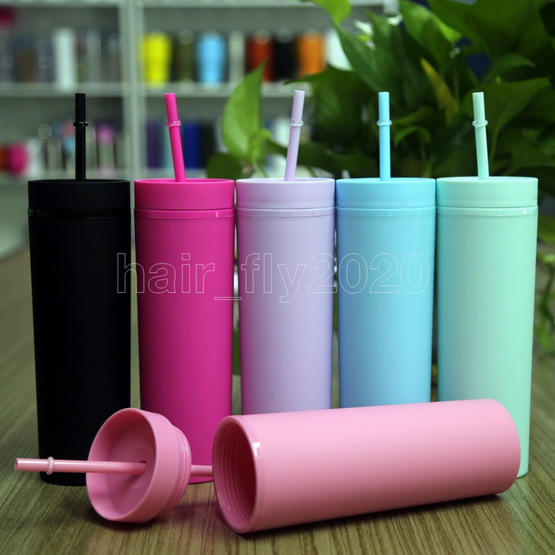 DHL 16oz Acrylic Tumblers Matte Colors Double Wall 500ml Tumbler Coffee Drinking Plastic Sippy Cup With Lid Straws free drop ship-image-678676365