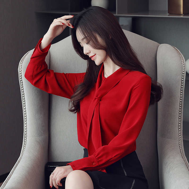 

Korean Women Shirts Blouses Long Sleeve Shirt Tops Woman Chiffon Blouse Spring Bow Tie Ladies V Neck Top XXL 210604, Red