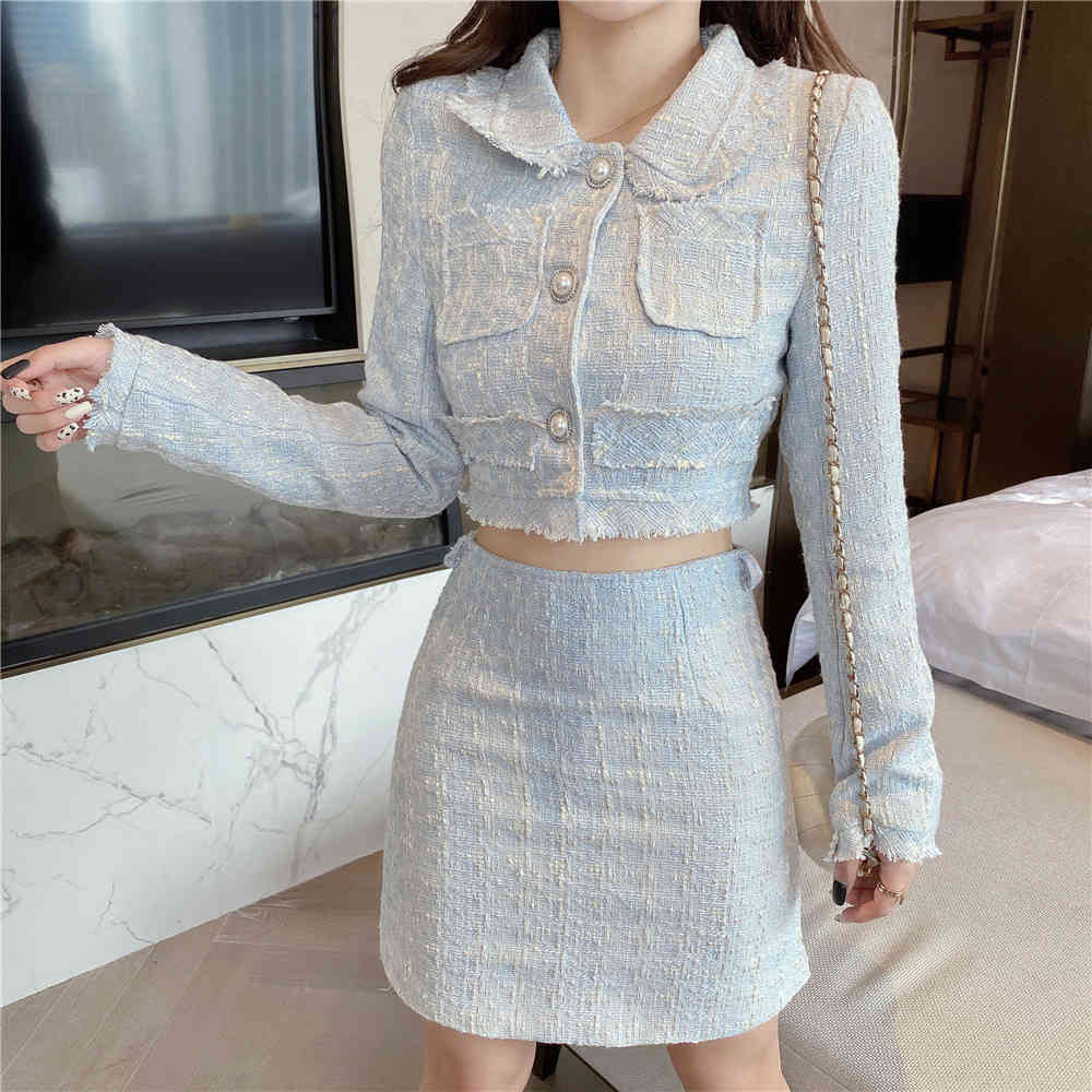 

Autumn Winter Two Piece Set Elegant Skirt Suit Fashion Tweed Long Sleeve Crop Top + Bodycon Mini Skirt Set Outfits 210518, Pink