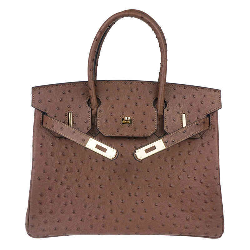 

H Bags Luxury Genuine Leather Handbags Miss Tree Customized Magazine Brikns Style Dark Green Brown Ostrich Grain Cowhide Bag Portable Shoulder, Elephant gray 25cm