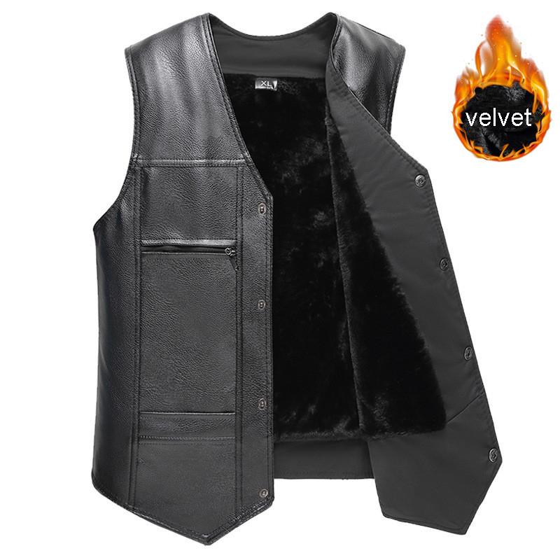 

Men's Vests 2021 Warm Autumn And Winter Sleeveless Velvet Solid Color Slim Locomotive Jacket Short PU Leather Vest, Black