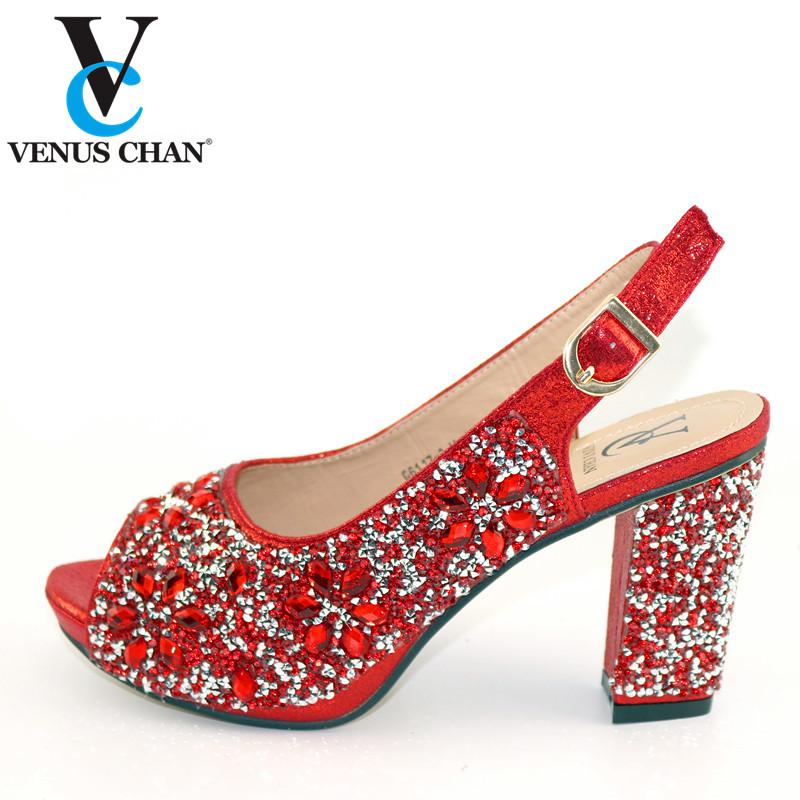 

Sandals Arrival Red Color Shoes African Wedding High Quality Elegant Italian Women With Stone Heels Pumps, Black