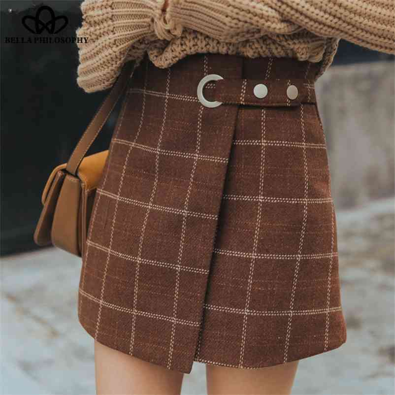

Vintage High Waist Plaid Skirts Preppy Style Female A-Line Thickened Woolen Sashes Mini 210519, Coffee