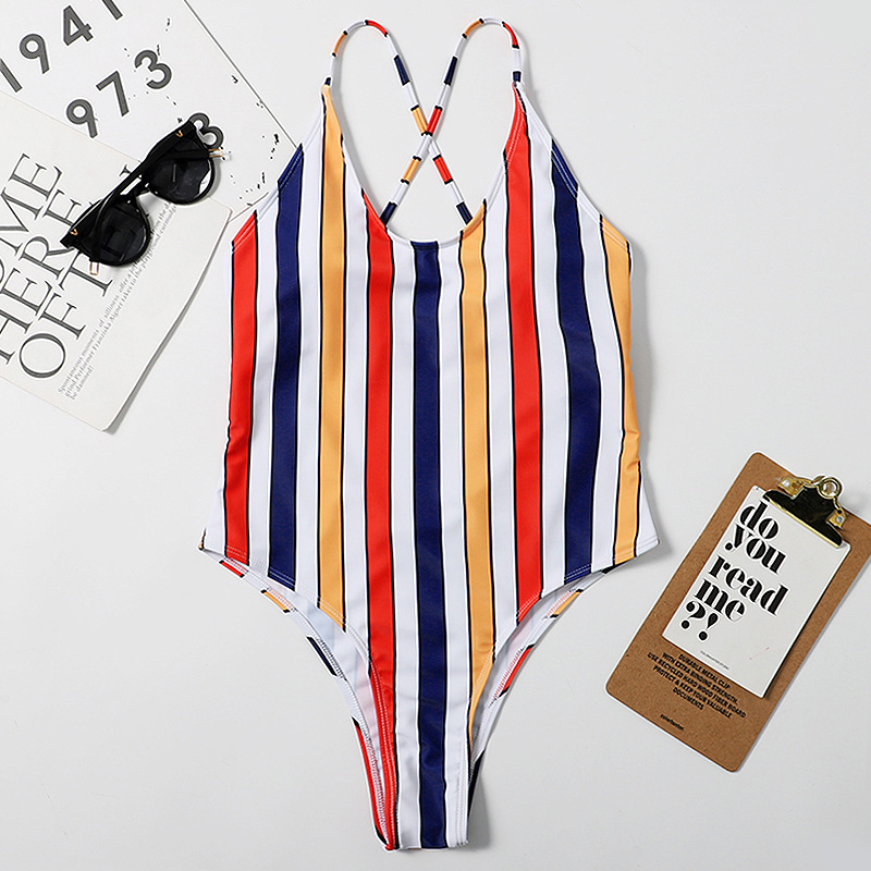 Piece Printed Striped Women&#039;s One Sexy Beach Bikini Swimsuit-image-678661872