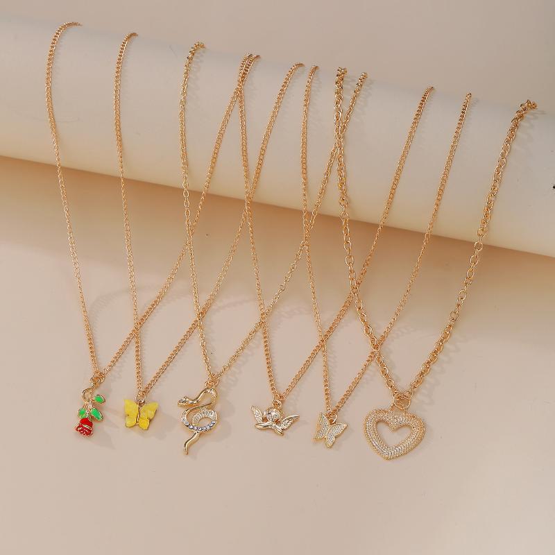 

Pendant Necklaces (6pcs/set )Gold Color Multilayer Link Chains Choker Necklace Women Crystal Heart Rose Simple Style Colar