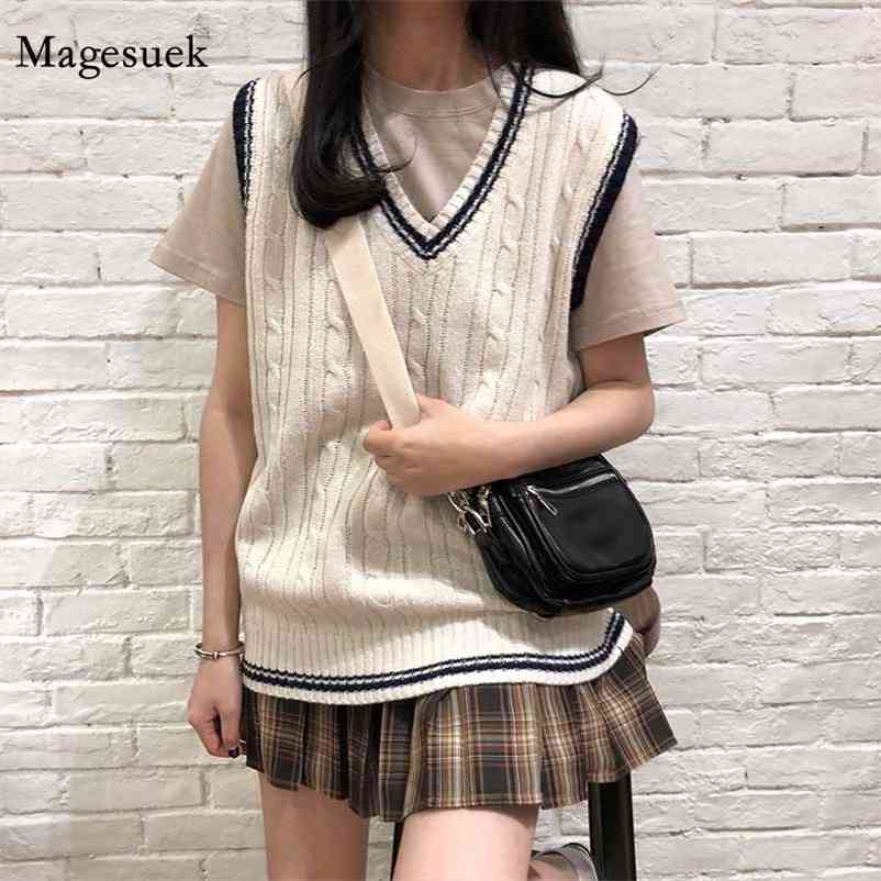 

Korean Style Sleeveless Pullover Women Fashion Clothing Solid All-match V-neck Sweater Autumn and Winter Vest 10971 210518, Creamy-white