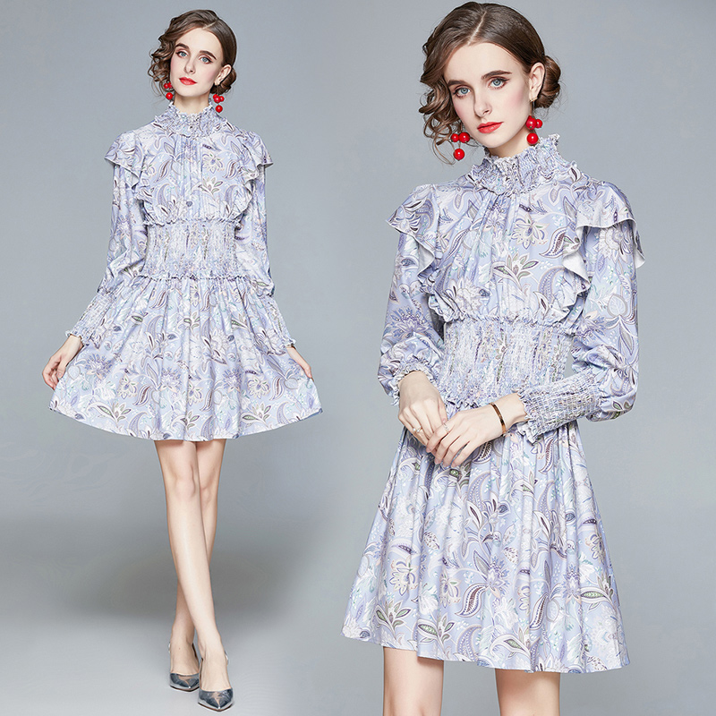 

2021 Ladies Designer Printed Mini Dress Runway Fashion Lantern Sleeve Mock Neck Prom Ruffle Pleated Dresses Slim Business Party Office Spring Autumn Women Clothes, 02
