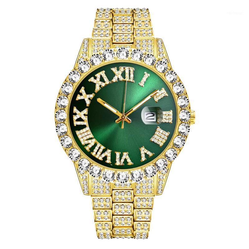 

Hip Hop Trend 18K Gold Diamond Men's Watch Top Iced Out Waterproof Quartz Reloj Hombre Wristwatches1, Gold green
