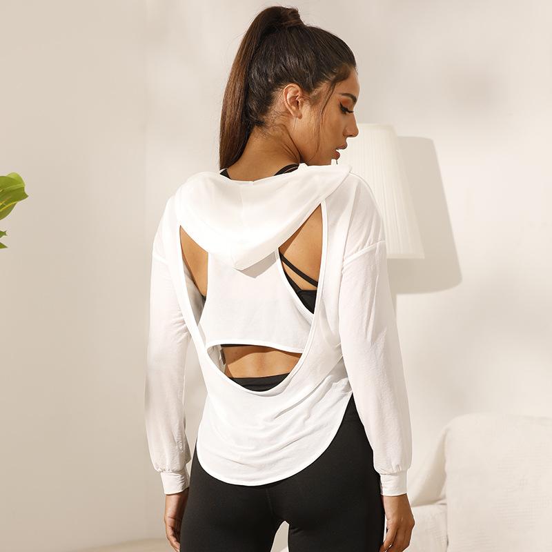 

Yoga Outfit Gym Blouse Women Hollow Design Breathable Quick Dry Fitness Sports Tops Hooded Loose Shirt Running Active Wear
