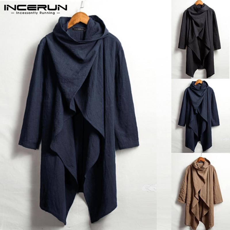 

Vintage Men Cotton Ponchos Turtleneck Trench Coats Long Sleeve Cloak Irregular Jackets Solid Streetwear Outwear 2021, Black