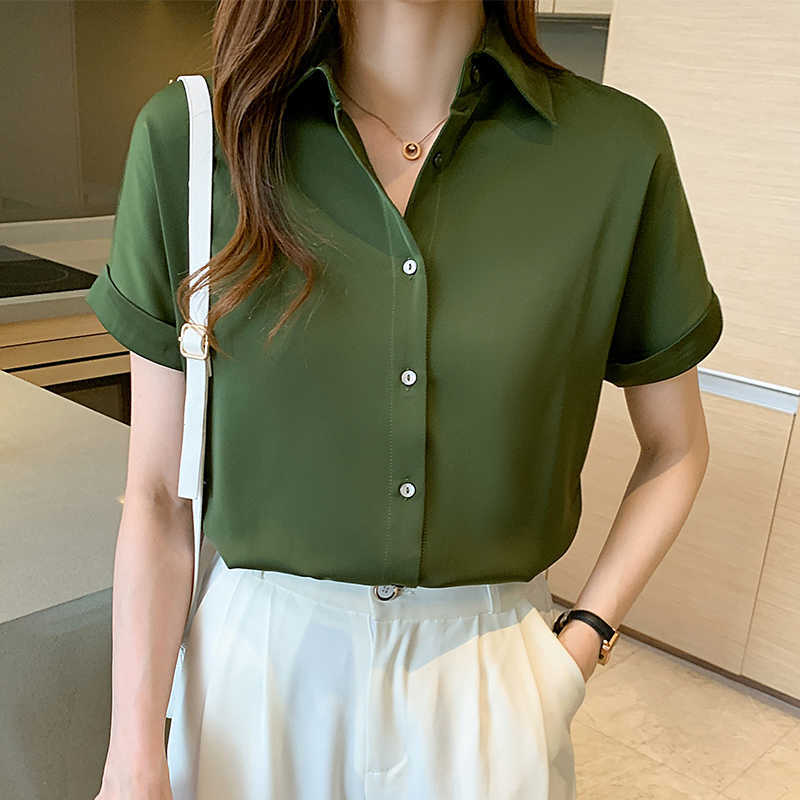 

Korean Chiffon Women' Shirt Blouses for Women Short Sleeve  Green Polo Neck Blouse Tops Female Button Basic OL 210604, Avocado green