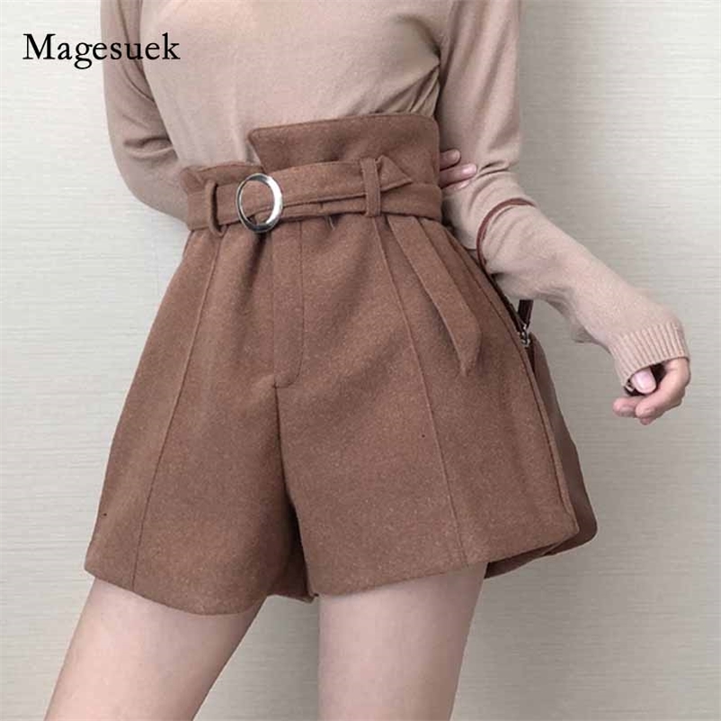 

A-Line Wide Leg Boots Shorts Woolen Belt Autumn Winter Thicken Fashion High Waist Warm Women Elegant Short Trousers 11068 210518, Caramel